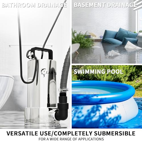 Image of LANCHEZ Sump Pump, 1.6HP High Flow Submersible Water Pump with Float Switch, 6000GPH Automatic Transfer Utility Pump Pump for Swimming Pool Basement Flooded Pit Sewage Sink Tub, Stainless Steel Large
