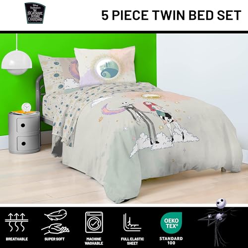 Image of Disney Nightmare Before Christmas Twin Comforter Set 5 Piece, Multi | Jack Skellington Sally, Bed in a Bag, Comforter Sheets Sham Pillowcase, Soft Microfiber, Machine Washable, Girls Gift