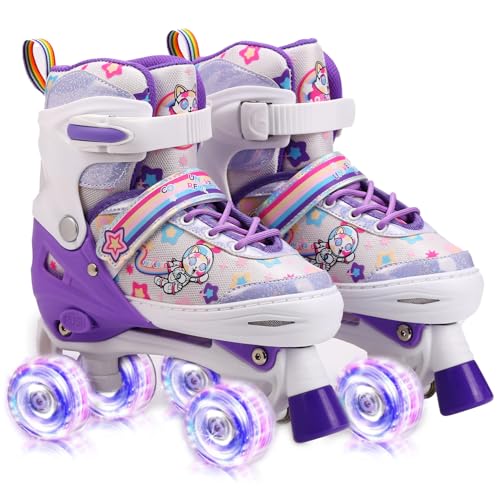 Patines para Niños 4 Ruedas Patines Roller Quad Ajustables con Ruedas Luminosas, Regalo de cumpleaños Navidad (Purple, M)