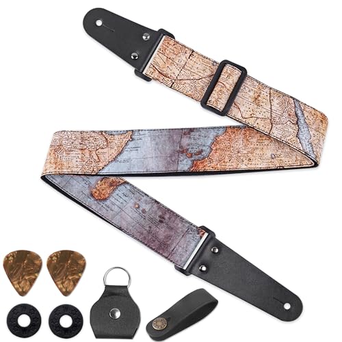 Image of Adjustable Guitar Strap Includes 2 Strap Locks & 2 Matching Picks & 1 Picks Holder & 1 leather Strap Button.