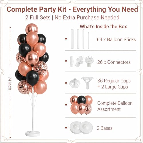 Image of Hiins Balloon Column Kit Set of 2 With Balloons Included - with Base,Pole,Balloon Tower Backdrop Decoration for Wedding, Baby Shower,Birthday Party,Bachelorette Parties (3xRose Night Black)