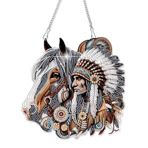 Image of AiYuanzsh Oversized Diamond Art Suncatcher Hanging Kit Native American Horse Design, Special Shaped Diamond Painting Hanging Ornament for Adults DIY Wall Window Decoration
