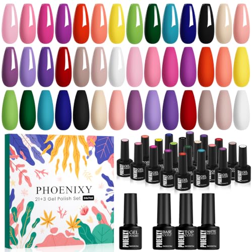 PHOENIXY 24 PCS Gel Nail Polish, Purple Colors Gel Nail Polish Set with Base Glossy Matte Top Coat Black Red Nail Kit Gifts for Women (PCB9028)