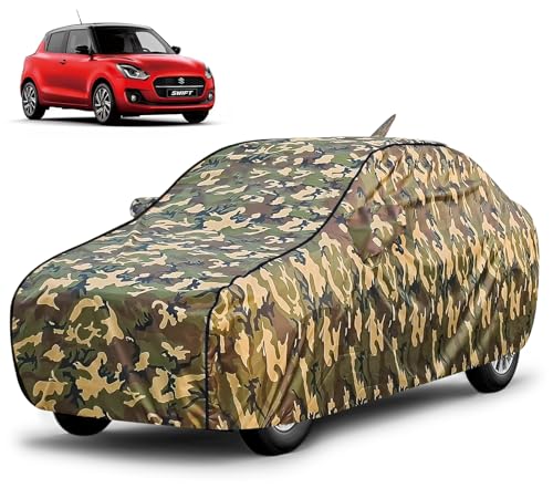 Image of FABTEC Waterproof Car Body Cover for Maruti Swift (2018-2023) with Mirror and Antenna Pocket, Triple Stitched (Military, Jungle Print, Camouflage Design)