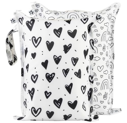 Image of Tiny Twinkle Mess Proof Wet Bags | 2-Pack Reusable Waterproof Wet Bags for Swimsuits | Baby Clothes | Travel & Diaper Bag (Black,White)