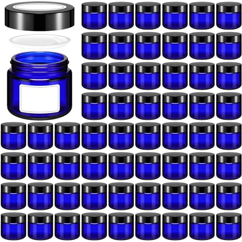 Image of Layhit 60 Pcs 2 oz Glass Jars with Lids Airtight Jars Bulk,Blue | Empty, Airtight, Leakproof, Reusable, Small Jar with Blank Labels & Liners Lids, Travel Jars for Cream, Lotions, Candle
