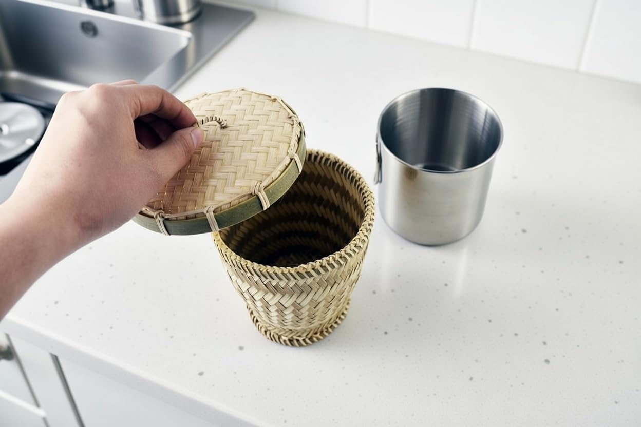 Thai Bamboo Sticky Rice Steamer Basket con coperchio e tazza, tradizionale contenitore in vimini intrecciato a mano per riso al vapore, supporto naturale per alimenti caldi e conservati per cucina