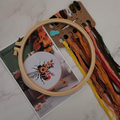 Image of Esffaci Embroidery Starter Kit for Adult Beginner with Bee Pattern Hand Embroidery Set with Embroidery Cloth Hoop Needle Threader Embroidery Floss and Instruction