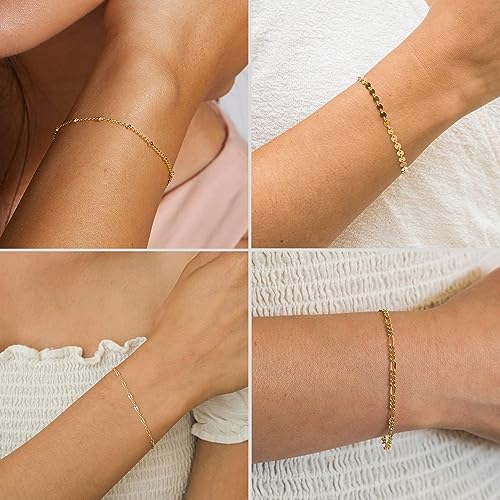 Image of DEARMAY Gold Bracelets for Women Waterproof Stackable Dainty 14K Gold Plated Rope Cuban Snake Paperclip Figaro Link Chain Pack Bracelet Adjustable Non Tarnish Fashion Accessories Jewelry Sets Gifts for Womens Mom