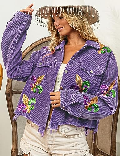 happlan Women's Sequin Embroidery Cropped Frayed Hem Vintage Washed Corduroy Jacket Coat Shacket for Women2