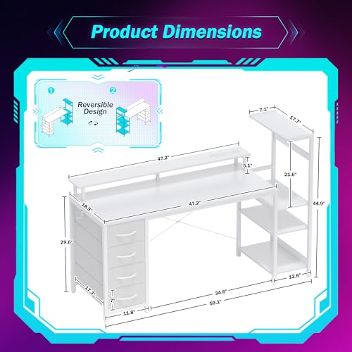 Image of 59 Inch Gaming Desk with LED Lights and Power Outlets, Computer Desk with Storage Shelves, Fabric Drawers, Monitor Stand & Side Hook, Reversible Gamer Table for Home Office, Carbon Fiber White