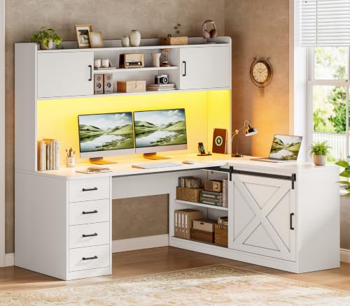 SEDETA Farmhouse 55” L Shaped Office Desk with Hutch, Drawers, Barn Door