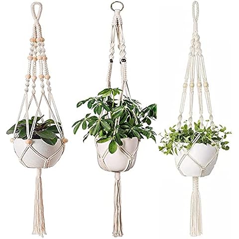 Fongmore 3 Pack Macrame Wood Beads Cotton Woven Plant Hangers Outdoor Indoor Wall Hanging Planter Basket Flower Pot Holder Home Decor Cover