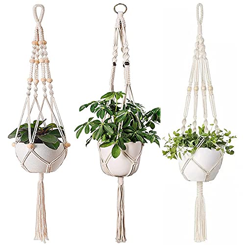 Fongmore 3 unidades de macramé de cuentas de madera de algodón tejidas para plantas al aire libre interior colgante de pared cesta maceta maceta titular decoración del hogar Cover
