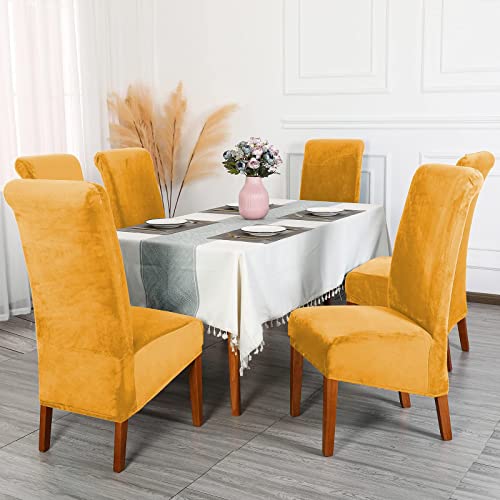 Qiden Velvet Dining Chair Covers, Stretch Large Chair Slipcover, High Back Chairs Cover Xl Chair Protector-Gold-Pack Of 6 #TOP1