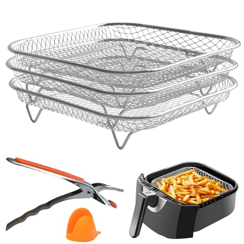 Image of Air Fryer Racks 3pcs Stackable Set - 304 Stainless Steel Mesh Baskets, Multi-Use for Air Fryer, Oven and More. Dishwasher Safe and Gripper Clip Included.