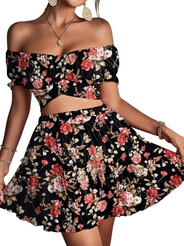 LYANER Women's 2 Piece Outfits Floral Off Shoulder Tie Up Crop Top and Mini Skirt Set4