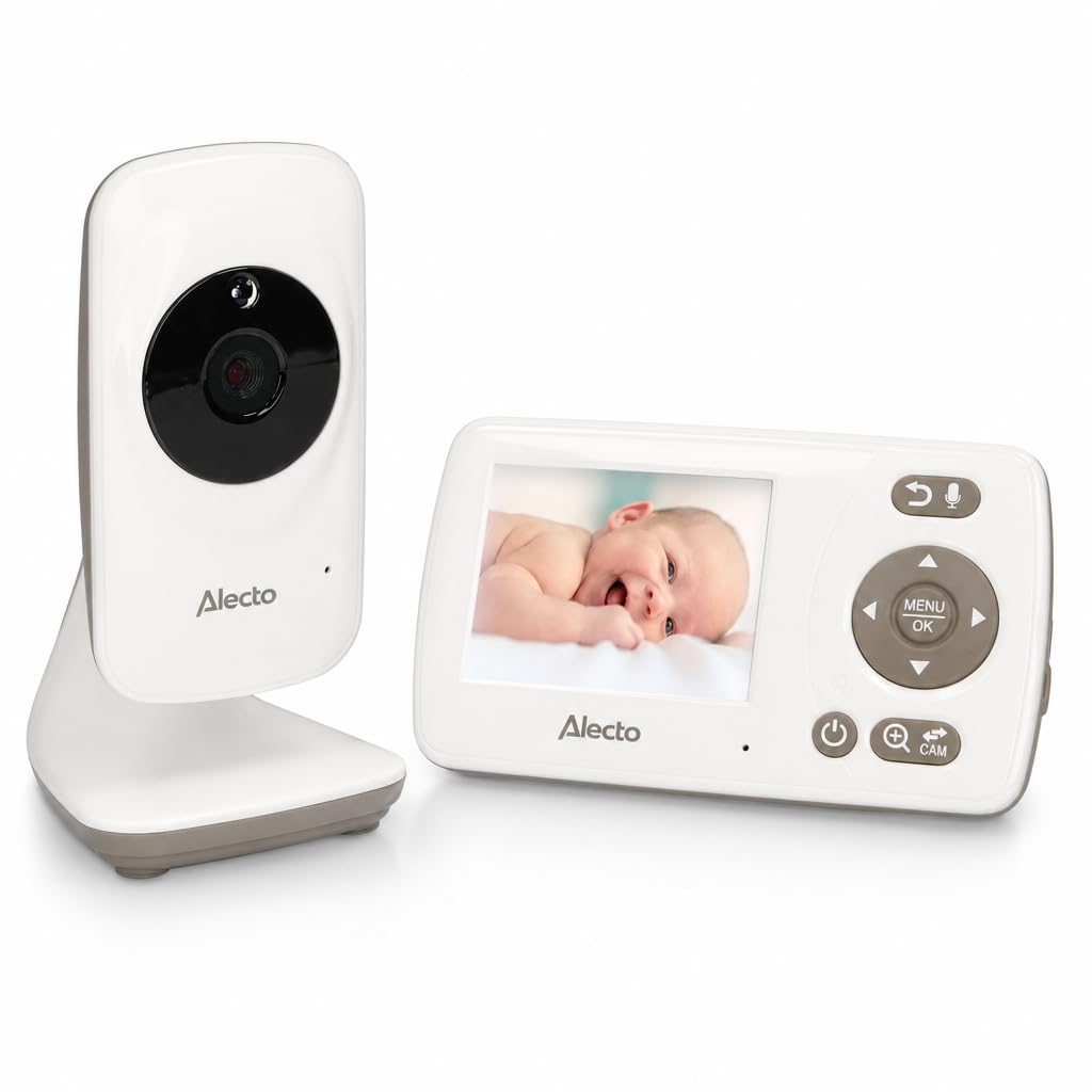 Alecto DVM71 - Vigilabebés con cámara, Monitor de bebé de 2,4 Pulgadas, Alcance de 50 m, batería de 10 Horas, Color Blanco/Topo