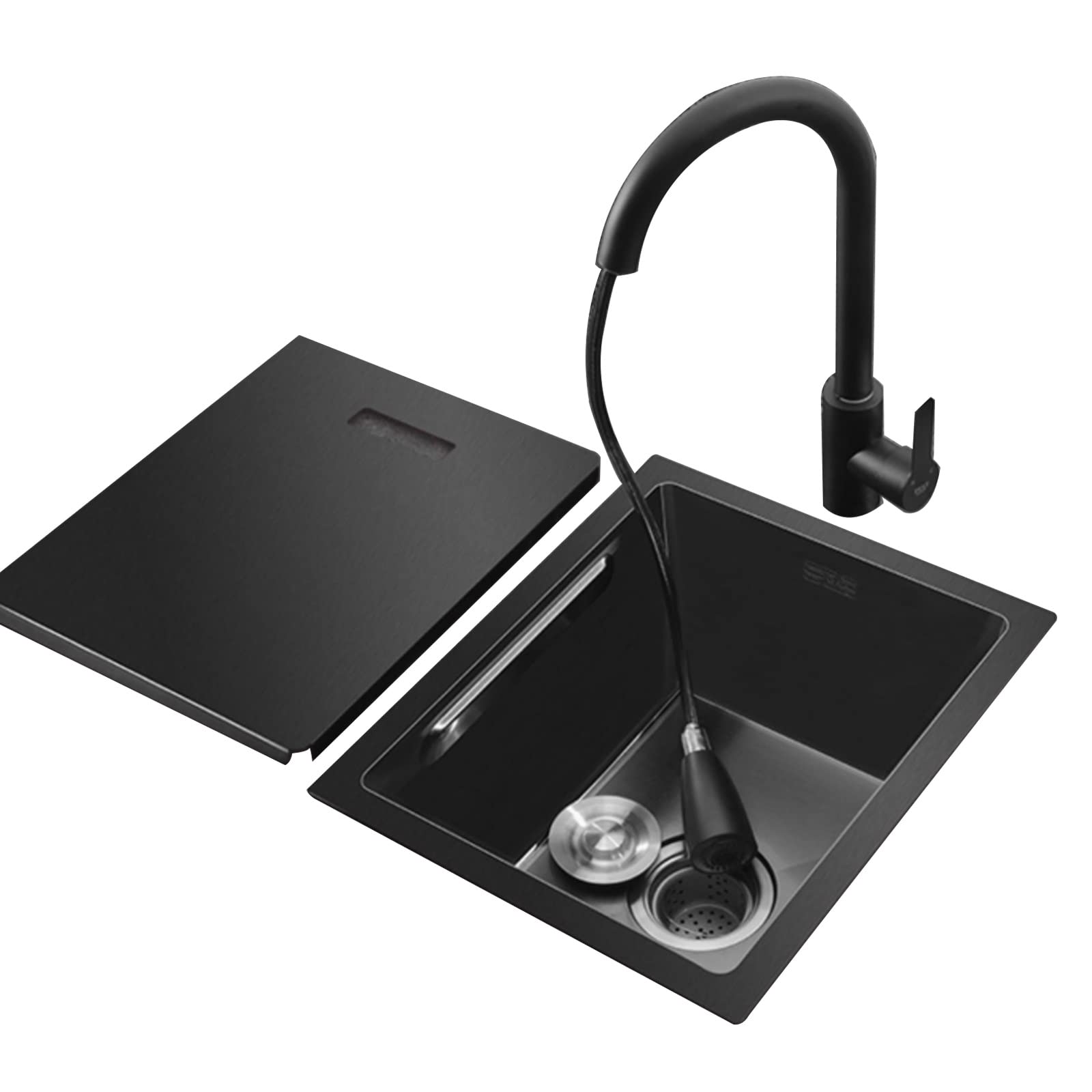 Fregadero De Barra Negro con Tapa Fregadero De Una Cubeta Fregadero De Encastre Fregadero Bajo Encimera Grifo Extraíble Accesorios Completos (S : 38x30x21.5cm)