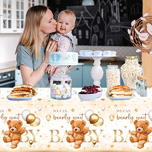 Image of CMUSKO Bear Baby Shower Decorations for Boy-3Pcs Brown Bear Theme Plastic Tablecloth Bear Baby Table Cover for Birthday Party Supplies