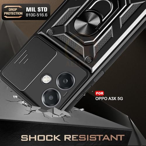 Image of Armor Bumper Back Cover Case for Oppo A3X 5G Rotating Camera Cover, Ring Holder & Kickstand | Heavy Duty & 360 Degree Protection Oppo A3X 5G Back Cover (Black).