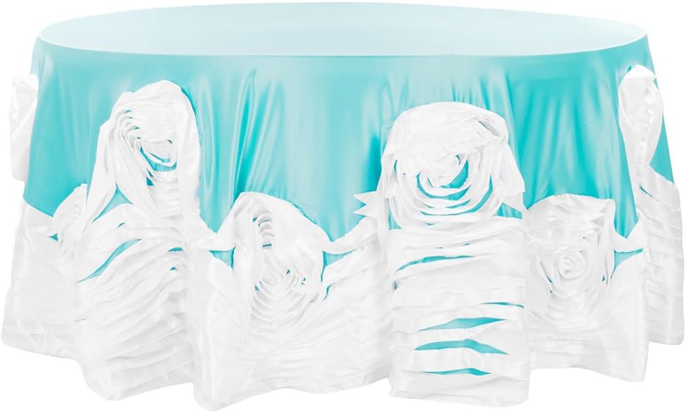 Large Rosette Flower Tablecloth 120" Round - Turquoise & White
