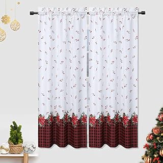 LinTimes Christmas Kitchen Curtains, Christmas Flowers Plaid Decorations Short Tier Curtains for Kitchens, Christmas Party Cafe Living Room Bathroom Window Curtains, Red and Black, 27 x 45 Inch