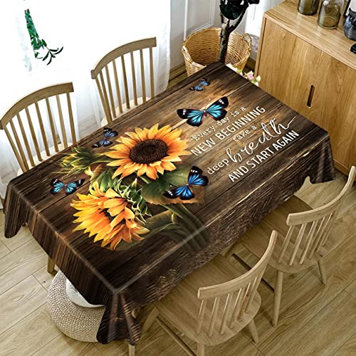 Jangxm Rustic Rectangle Tablecloth Spill Proof Waterproof Butterflies Table Cover Decor Cover, Farmhouse Sunflower Cloth For Tables, Retro Wood Brown Stripes 54''X108'', And Yellow #TOP22