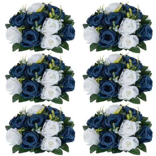 Image of NUPTIO Artificial Flower Centrepieces for Tables - 6 Pcs Navy Blue & White Fake Flowers Roses Balls 9.5in Diameter - Silk Faux Rose Arrangement for Wedding Party Centerpiece Table Decorations