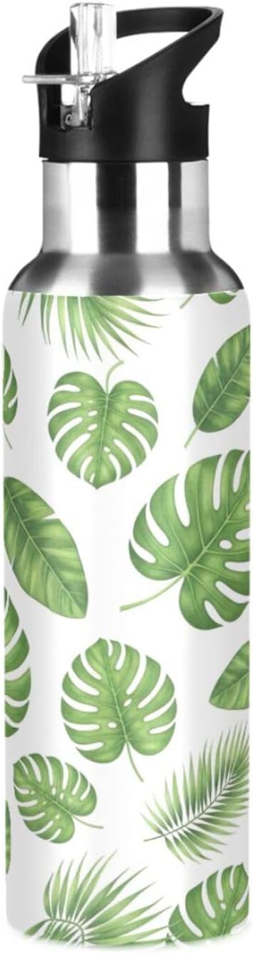 Green Tropical Leaves Insulated Water Bottle 32 Oz, BPA-Free Sport Water Bottle Insulated Leakproof Water Bottles
