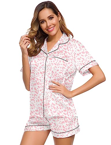 Image of SWOMOG Womens Silk Satin Pajamas Set Short Sleeve Sleepwear Button Down Top and Shorts Loungewear 2 Piece Pjs Set XS-3XL