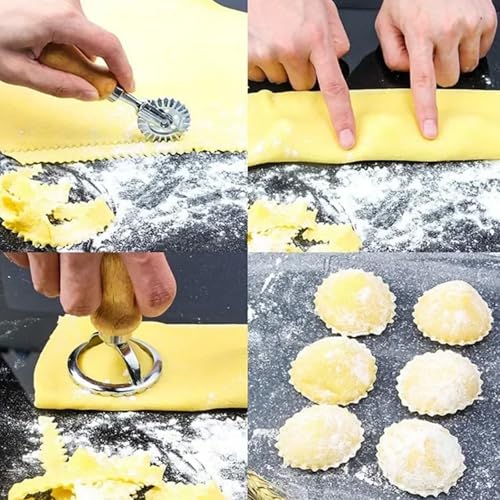 Pasta Cutter Wheel & Pastry Wheel Set - 2 Sizes (1.3\" & 2.5\") Stainless Steel Blades for Ravioli, Pizza, Dough - Fluted & Straight Edge with Wooden Handle, Dishwasher Safe