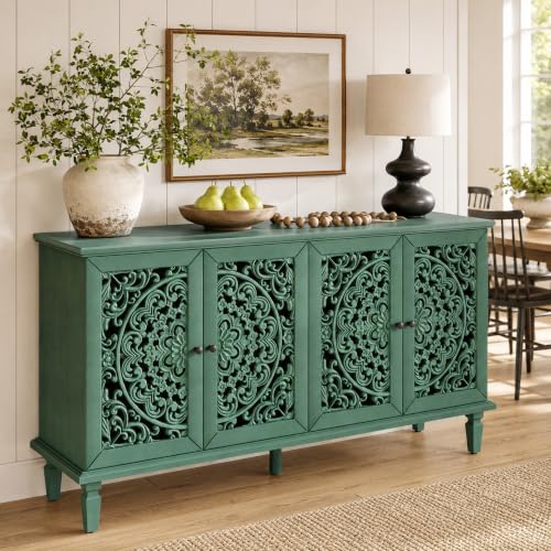 Image of Green Sideboard Cabinet with Carved Doors, Green Buffet Cabinet, Vintage Cabinet with Storage Shelves, Farmhouse Storage Cabinet for Dining Room, Living Room & Entryway