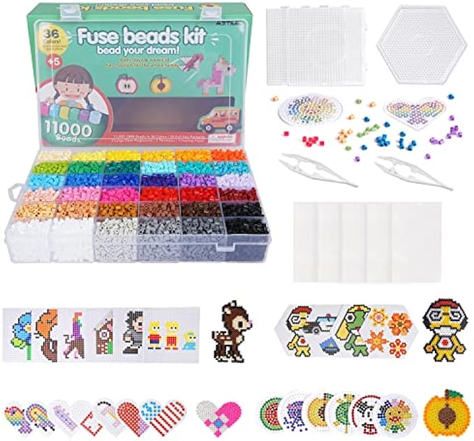 Artkal Melting Beads Kit 11000 36 Colors Melting Beads Kit with 5 Peg Boards 2 Tweezers 48 Patterns Melting Beads Kit Compatible Perler Beads Hama Beads Christmas Birthday Gift
