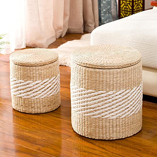 Taburete otomano de almacenamiento para dormitorio y sala de estar, diseño de tela de paja, taburete funcional para cambiar zapatos