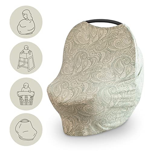 Image of mushie Baby Car Seat Canopy Cover | Breathable & Stretchy Multi Use Cover for Breastfeeding, Nursing, High Chair, Shopping Cart, Strollers (Green Paisley)