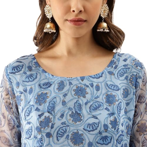 Image of Divena Blue Floral Print Organza Anarkali Kurta set with Dupatta