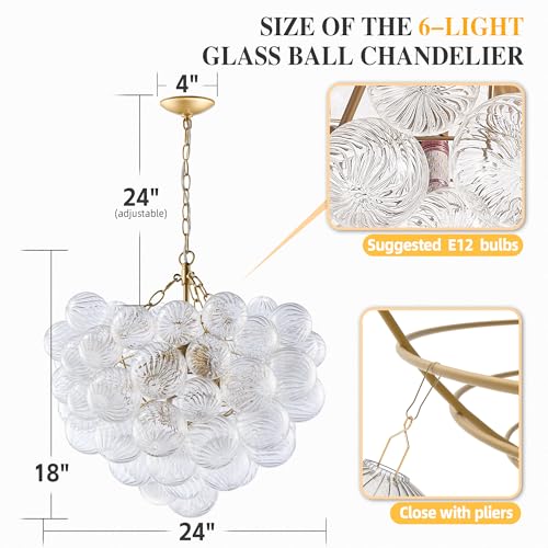 Longree LR1506-24D*18H Nordic Bubble Ball Swirled Glass Chandelier, Dia 24 Inch Gild Gold And Clear Blown Glass Small Pendant Light Fixture For Bedroom Study Restaurant thumb #1