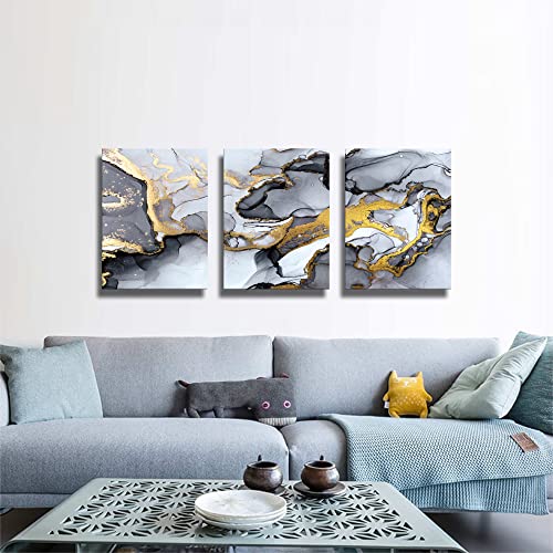 Black And White Grey Abstract Art,Modern Framed Gold Fluid Ink Canvas Wall Art Prints,Wall Art For Bedroom Living Room Office Wall Decor Picture Artwork Home Decor Ready To Hang 12" X 16" 3 Pieces #TOP2