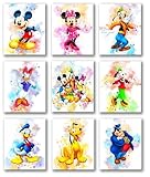 PrintVibee® - Mickey Mouse Original Watercolor Prints - UNFRAMED Set of 9 Nursery Wall Art Decor (8 inches x 10 inches) - Mickey Mouse and Friends Watercolor Prints, Mickey Mouse Wall Art Decor,