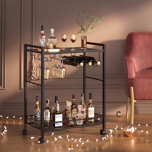 Image of Joaxswe Bar Cart, Home Bar Serving Cart with 2-Tier Shelf,Rolling Beverage Cart with Wheels,Mobile Kitchen Shelf,Modern Black Wine Drink Cart with Wine Rack and Glass Holder for Kitchen,Dinning Room