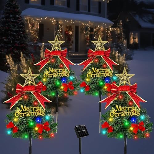 4 Pack Solar Christmas Tree Pathway Lights Outdoor Decorations Waterproof Artificial Mini Xmas Tree Stake Lights with DIY Ornamets for Garden Yard Decor (Green)