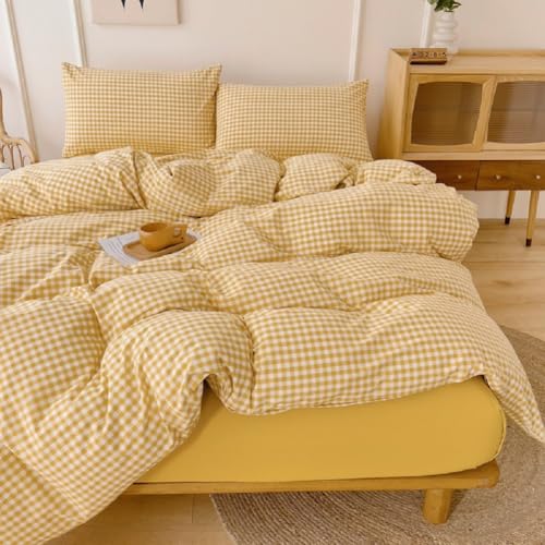 Image of LifeTB Yellow Gingham Comforter King Comforter Set Geometric Checkered Plaid Bedding Comforter with 2 Pillowcases Fluffy Soft Lightweight Bedding Boho Grid Plaid Comforter Set King for All Seasons