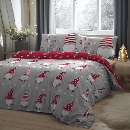 Fusion - Funda Nórdica Gonk Navideña Roja - 140 x 200 cm - Reversible (2 Colores) - 100% Algodón - 1x Funda de Almohada Incluida - Funda Nórdica Gnomo Navideño - Ropa de Cama Navideña (Rojo/Gris)