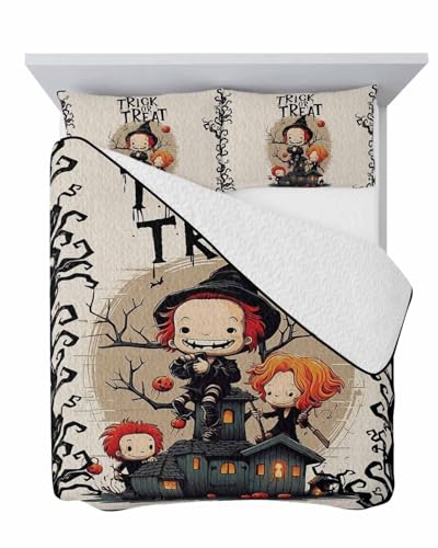 Wowouhiya Full Quilt Sets, Halloween Lightweight Bedspreads with 2 Pillow Shams, Trick or Treat Children Pumpkin Black Branches Soft Summer Bed Coverlets 3 Pieces Bedding Set for All Season