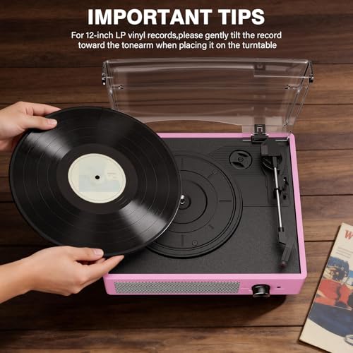 Vinyl Record Player with 2 Stereo Speakers Belt-Driven Vintage Turntables 3 Speed 3 Size Wireless Bluetooth Playback AUX-in RCA out Headphone LP Vinyl Players Auto Stop Pale Pink - Image 4