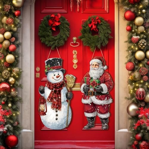 Quzzil 2 Pcs Christmas Welcome Hanging Signs Wooden Santa Claus
