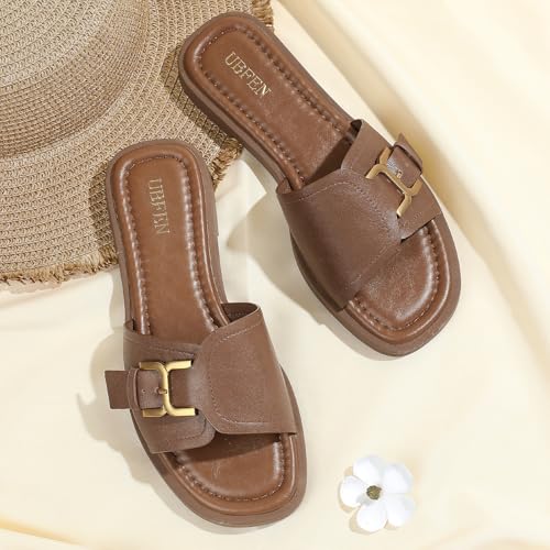 Image of UBFEN Womens Square Toe Flat Sandals Slides Dressy Comfortable for Beach