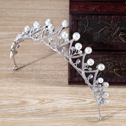 Image of Peora Cubic Zirconia & Pearl Studded Princess Tiara Crown Hair Accessory for Girls & Women