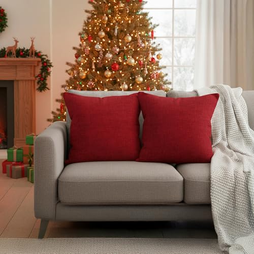 Image of Encasa XO Chenille Cushion Covers Set of 2 | Scarlet Red - (24 inchx24 inch) (60x60 cm) | Decorative Accent Square Throw Pillow Cases For Couch, Home Decor, Sofa
